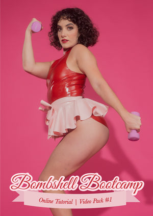 
            
                Load image into Gallery viewer, Bombshell Bootcamp: Online Tutorial Video Pack 1. Baby is posing in red and pink lingerie, with hand weights in either hand. She is flexing one arm.i
            
        