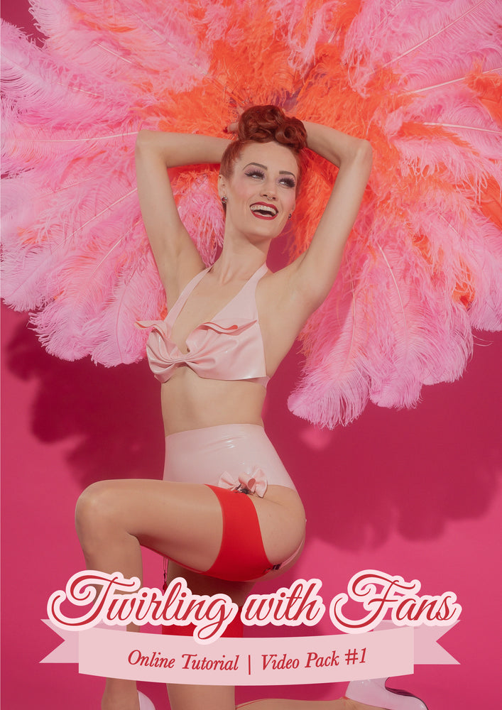 
            
                Load image into Gallery viewer, Twirling with fans: online tutorial, video pack #1. Alice is posing in pink lingerie, holding pink and coral feather fans above her head. 
            
        